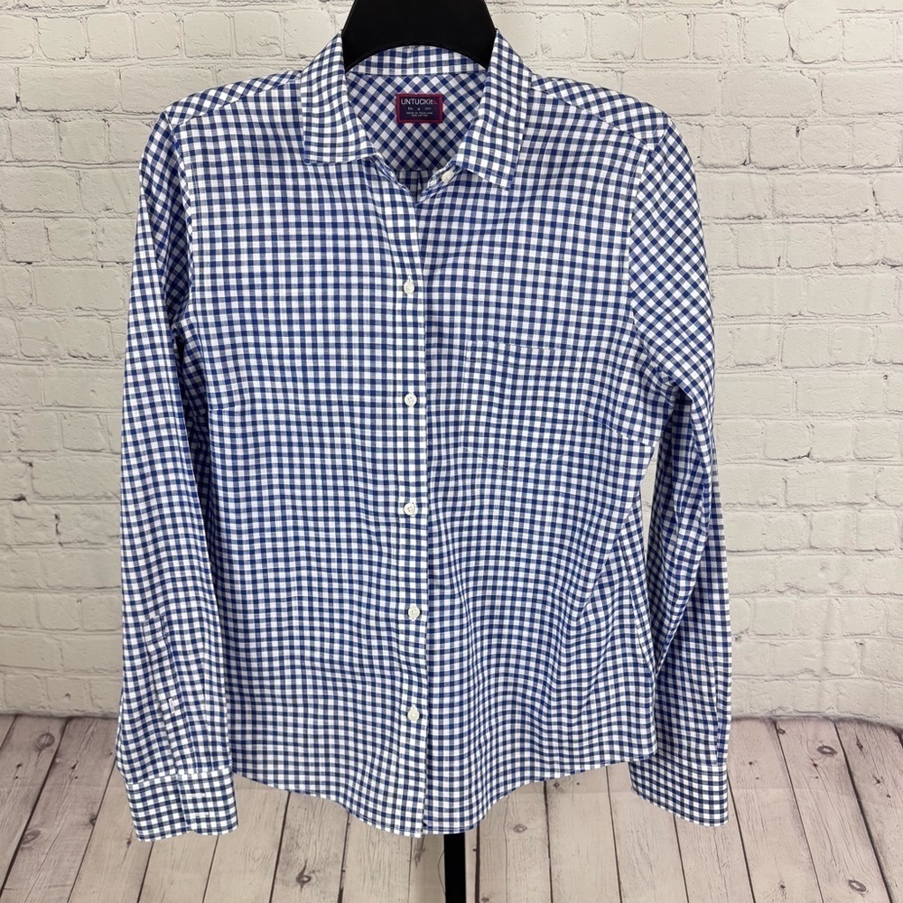 UNTUCKit Blue and White Gingham Plaid Button Down Shirt Size 4